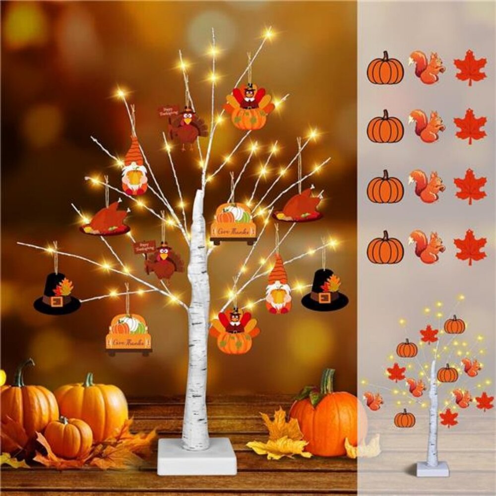 [Timer] Thanksgiving Birch Tree Lights, 24" Lighted Birch Tree with 24 PCS Fall